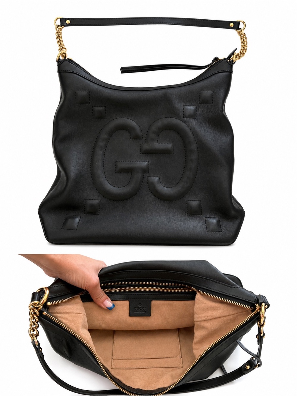 Gucci Black Leather Hobo Shoulder Bag with Gold Chain Detail